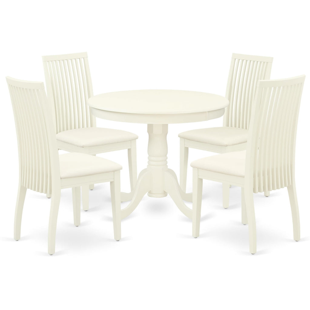 ANIP5-4ZX-I Elegant 5 Piece Kitchen Ensemble with Round Dining Table and Upholstered Chairs, 36x36 in Linen White