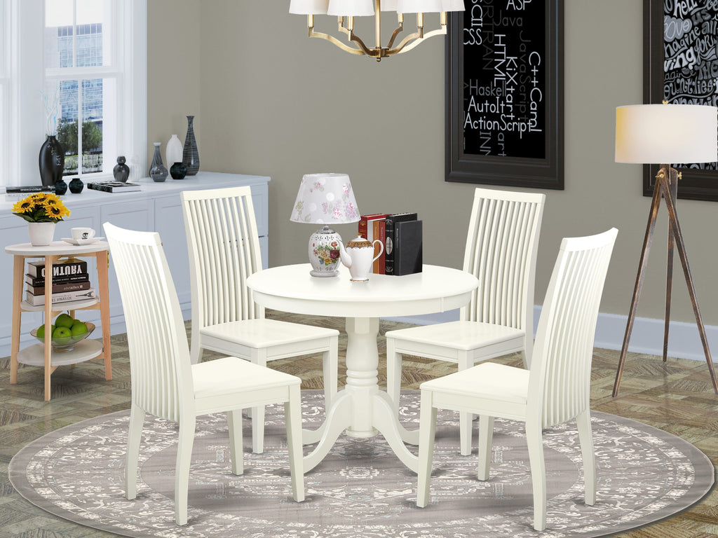 ANIP5-8U9-L 5-Piece Chic Dining Ensemble Round Table on Pedestal with 4 Chairs, 36 Calm White