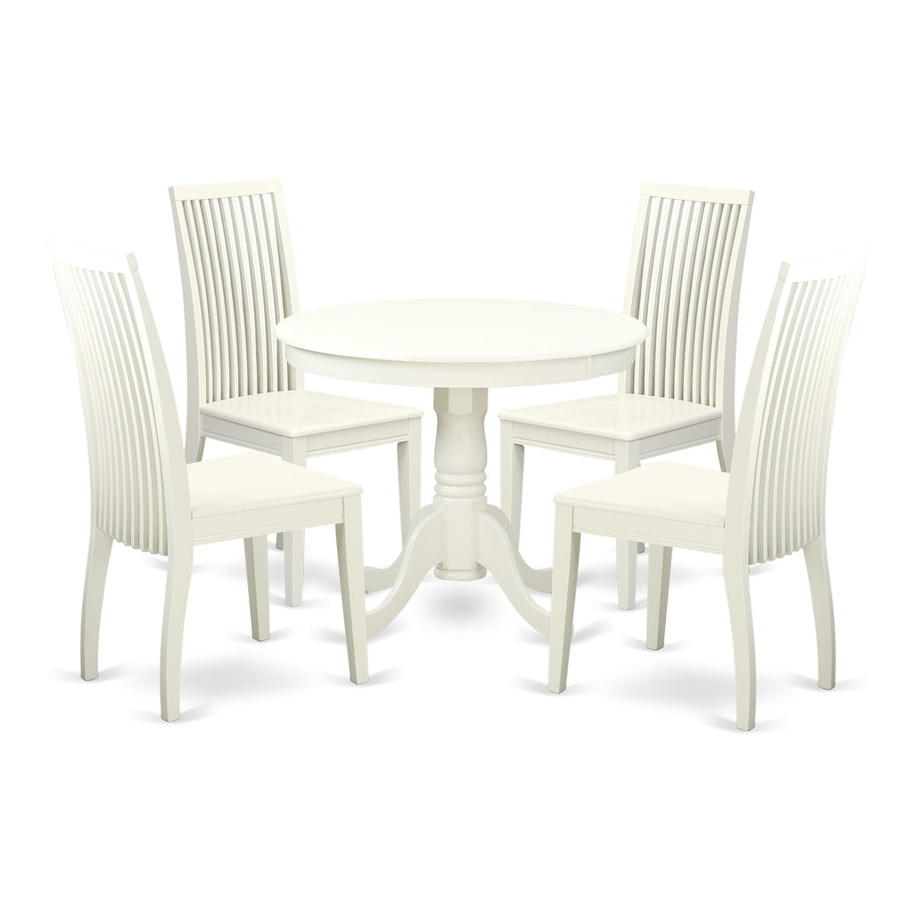 ANIP5-8U9-L 5-Piece Chic Dining Ensemble Round Table on Pedestal with 4 Chairs, 36 Calm White