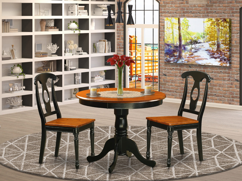 ANKE3-NGM-6 Compact Dining Set Round Table with Pedestal Base and Two Chairs, Black & Cherry Finish