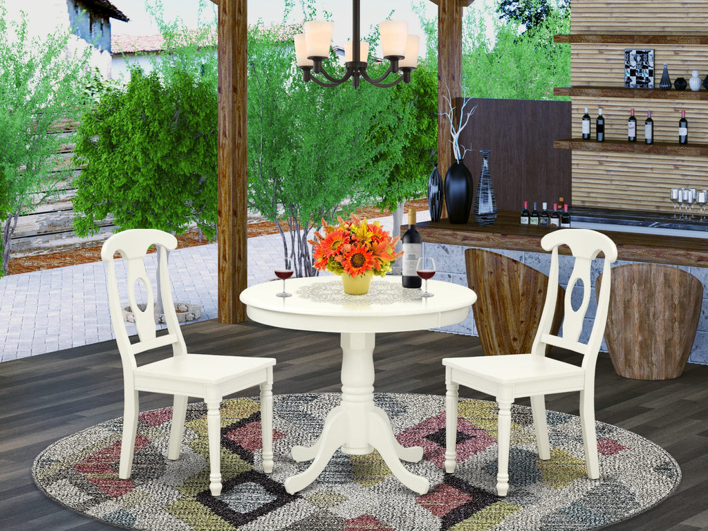 ANKE3-Z7V-T Trio Dining Ensemble with Round Pedestal Table & Pair of Chairs, Linen White, 36