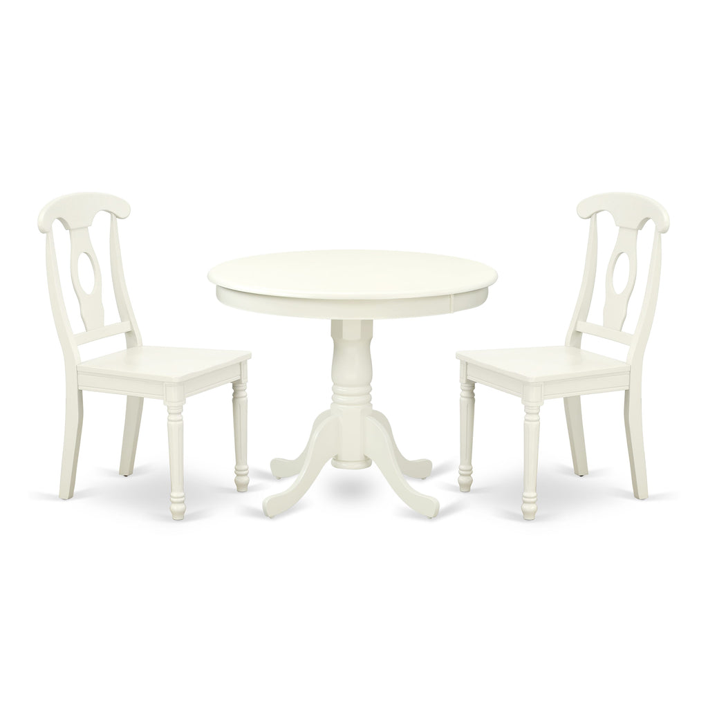 ANKE3-Z7V-T Trio Dining Ensemble with Round Pedestal Table & Pair of Chairs, Linen White, 36
