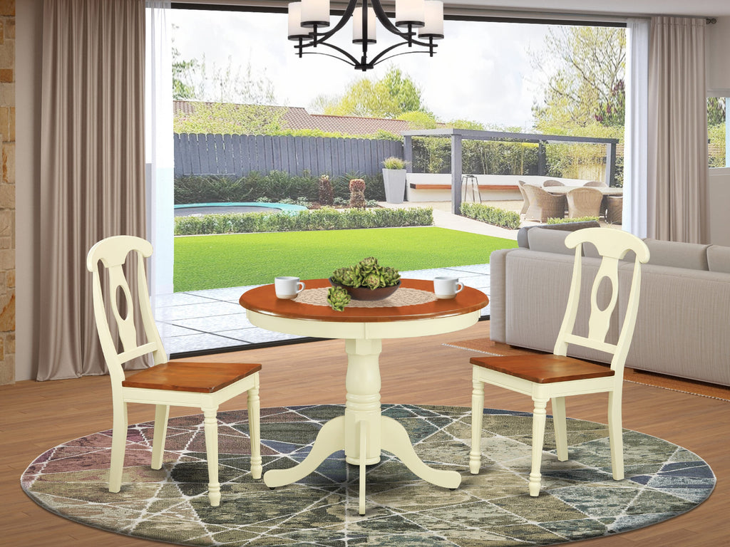 ANKE3-QCB-4 3 Piece Set Round Dining Table with Pedestal and 2 Chairs, Buttermilk & Cherry Finish