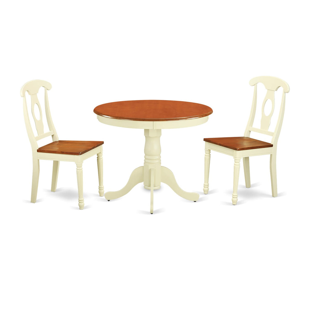 ANKE3-QCB-4 3 Piece Set Round Dining Table with Pedestal and 2 Chairs, Buttermilk & Cherry Finish