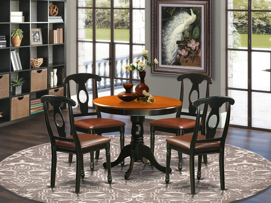 ANKE5-T15-K9 Premium 5-Piece Round Dining Ensemble with Faux Leather Chairs in Black & Cherry