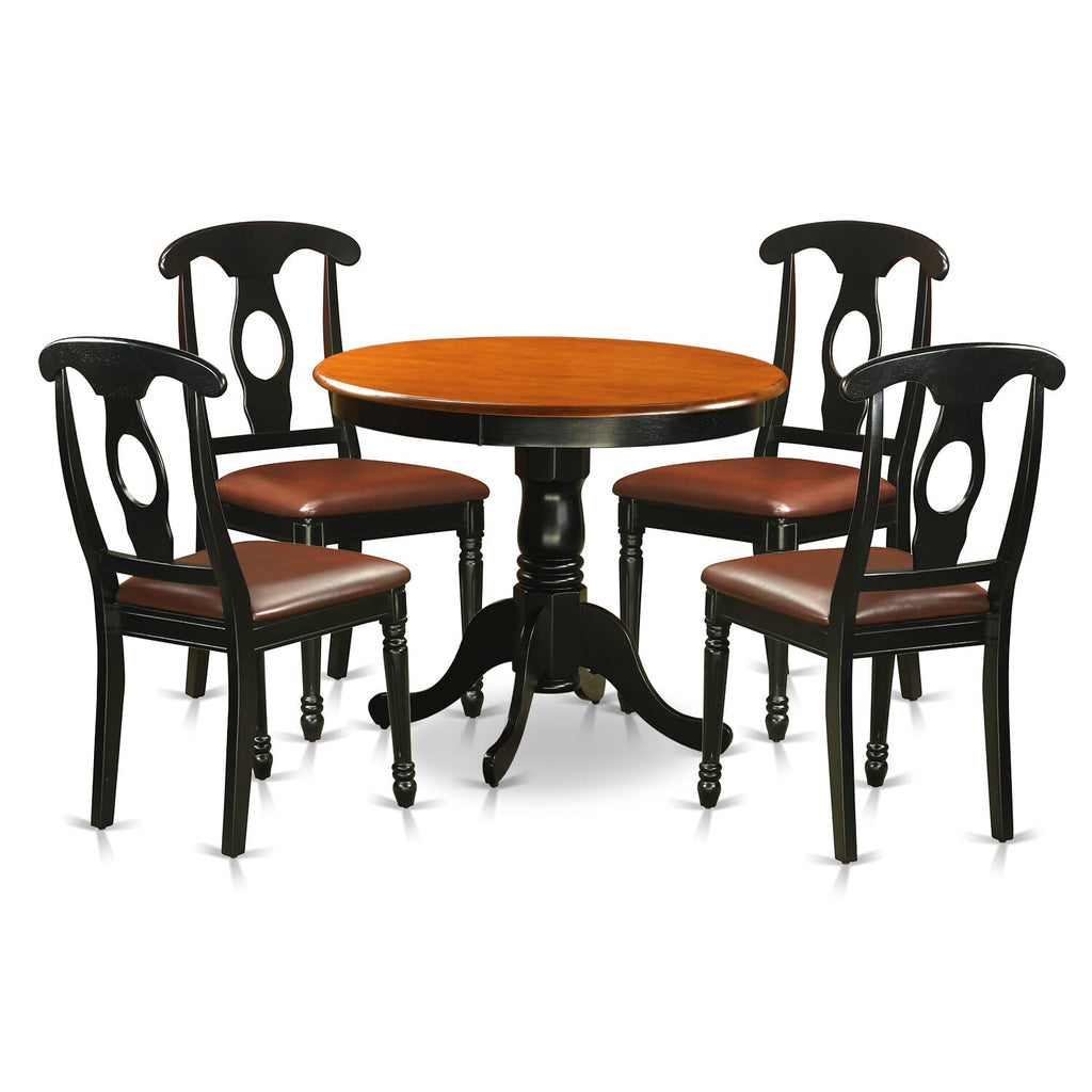 ANKE5-T15-K9 Premium 5-Piece Round Dining Ensemble with Faux Leather Chairs in Black & Cherry
