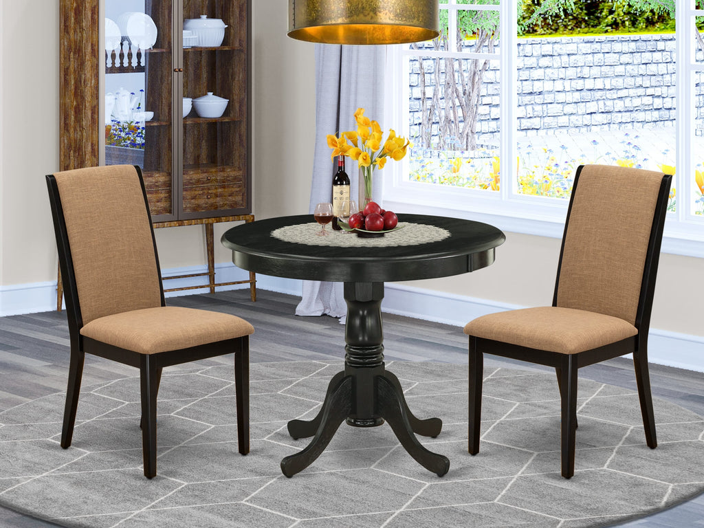 ANLA3-3L1-YL 3-Piece Dining Ensemble Featuring Round Table with Pedestal Base and 2 Linen Chairs in Light Sable, 36x36, W. Black Finish