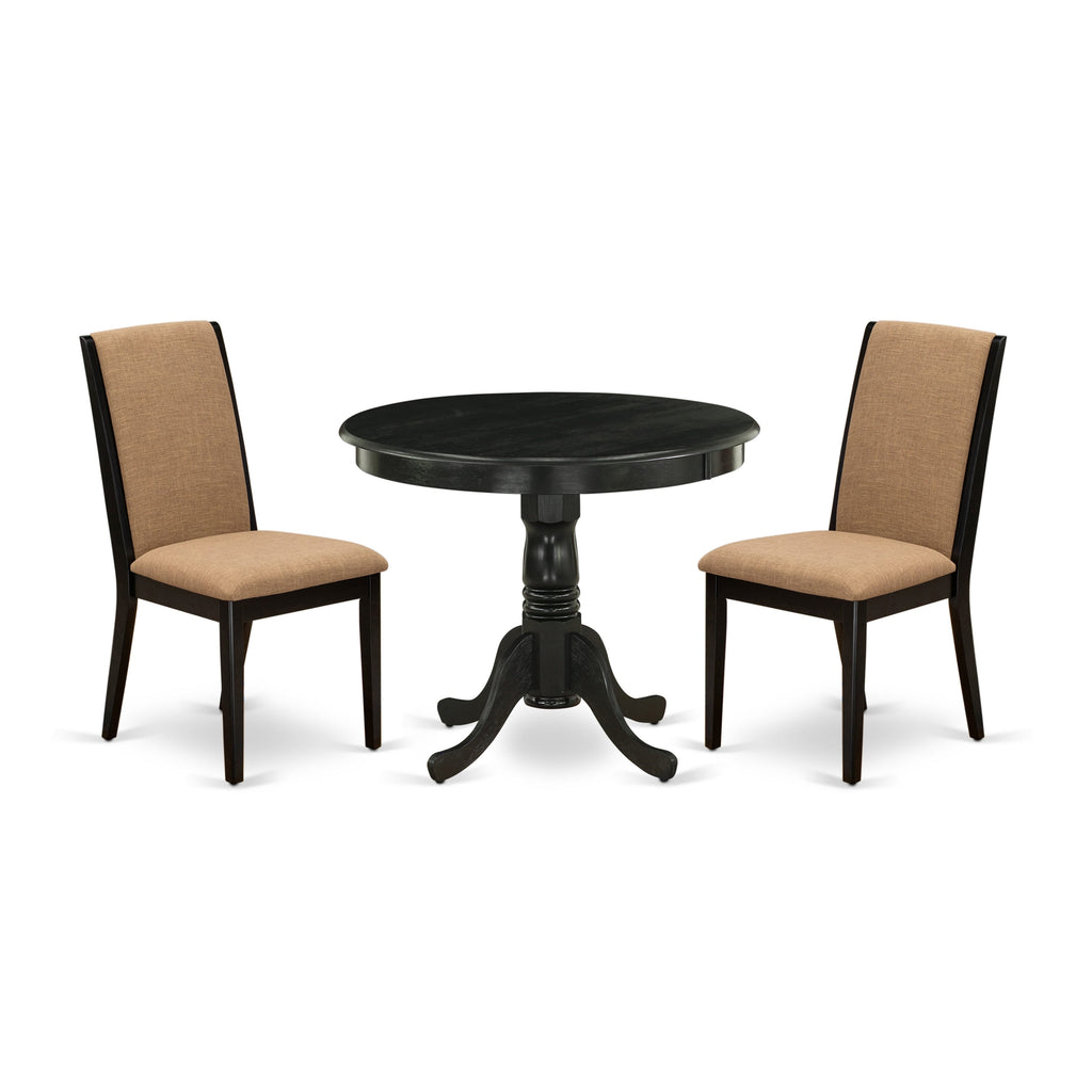 ANLA3-3L1-YL 3-Piece Dining Ensemble Featuring Round Table with Pedestal Base and 2 Linen Chairs in Light Sable, 36x36, W. Black Finish