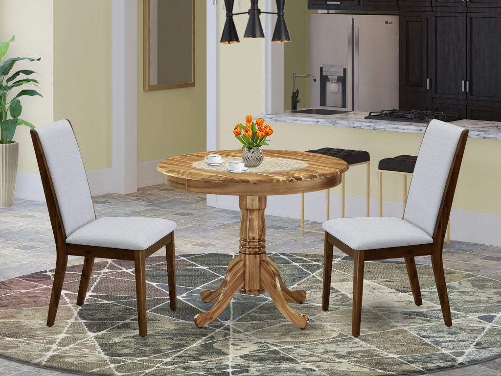 ANLA3-UB6-HB 3-Piece Dining Set with Round Table, Pedestal Base & 2 Grey Linen Parsons Chairs, 36in Natural