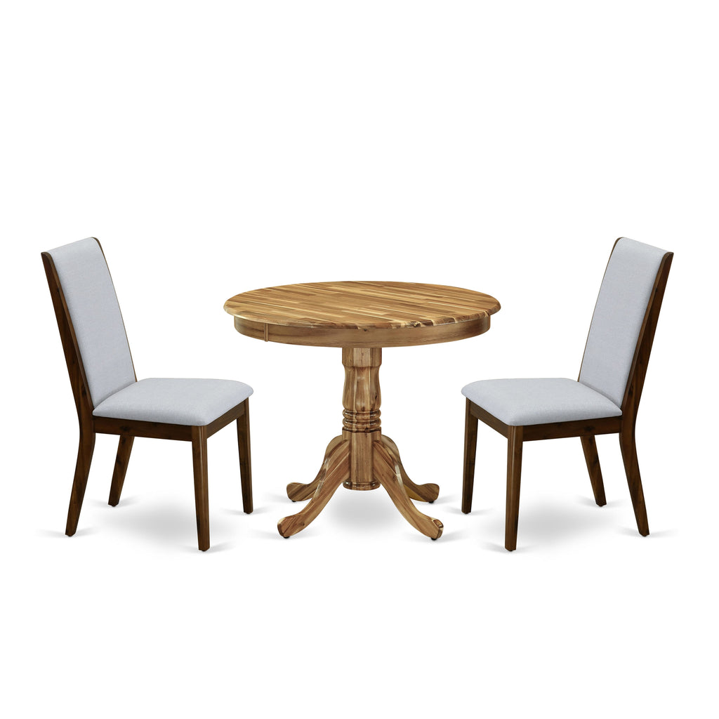 ANLA3-UB6-HB 3-Piece Dining Set with Round Table, Pedestal Base & 2 Grey Linen Parsons Chairs, 36in Natural
