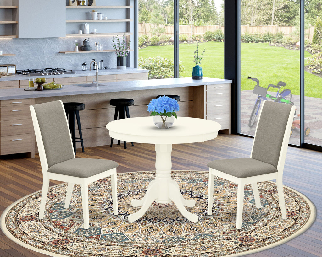 Cozy Dining Set ANLA3-6I7 Including Round Table & 2 Upholstered Chairs, White Finish for Intimate Spaces