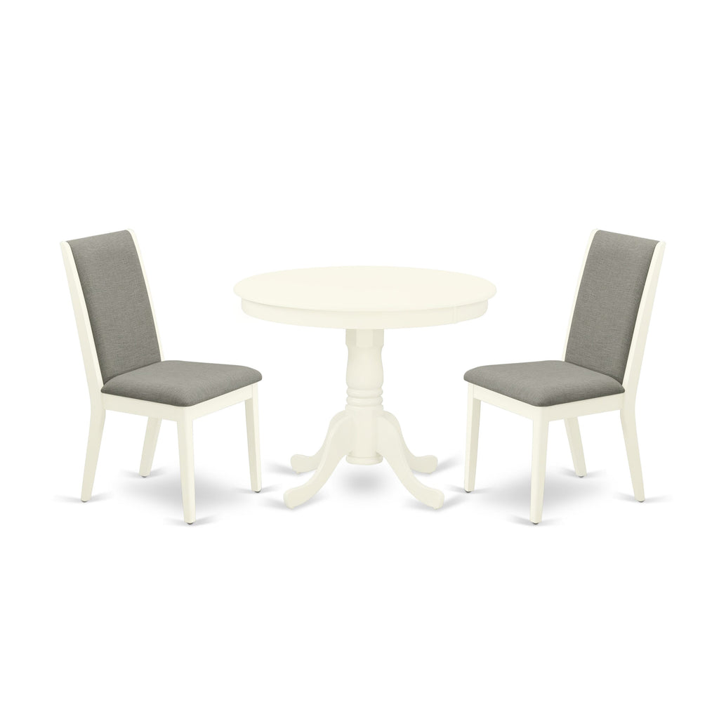 Cozy Dining Set ANLA3-6I7 Including Round Table & 2 Upholstered Chairs, White Finish for Intimate Spaces