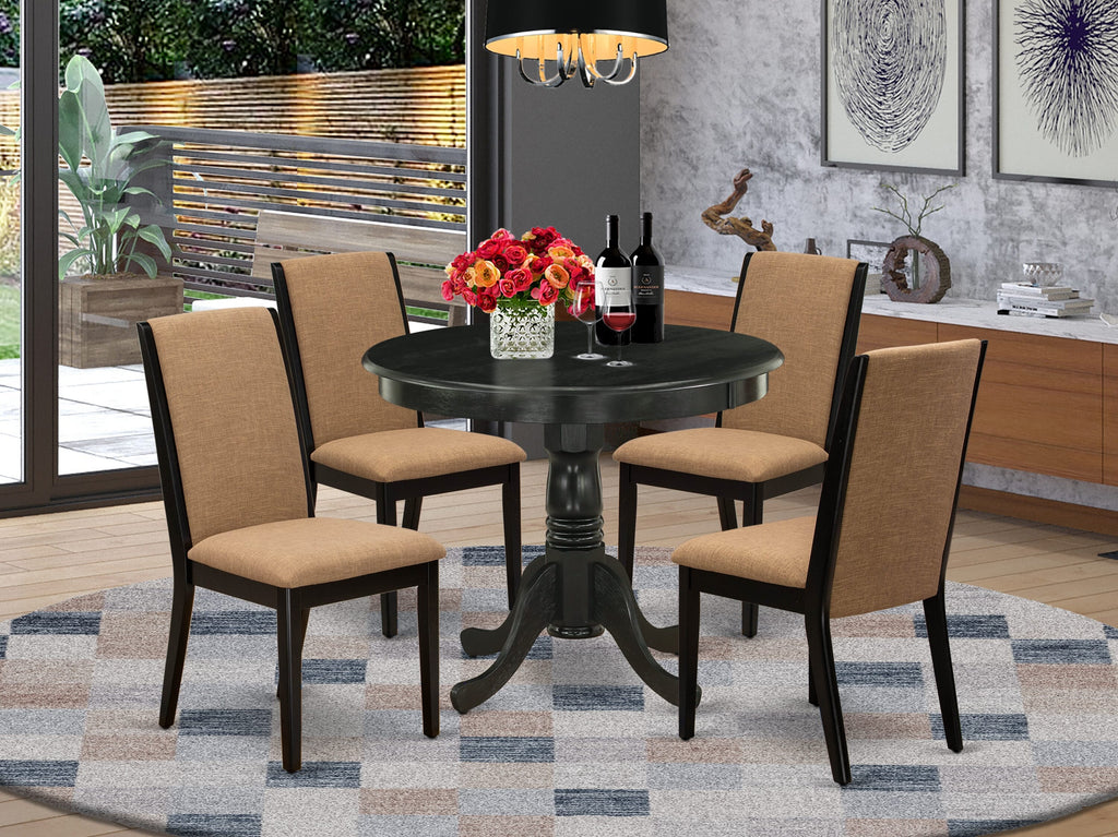 Dining Table Collection ANLA5-D68-N2 5-Piece Round Set with Upholstered Chairs and Pedestal Table, Wirebrushed Finish