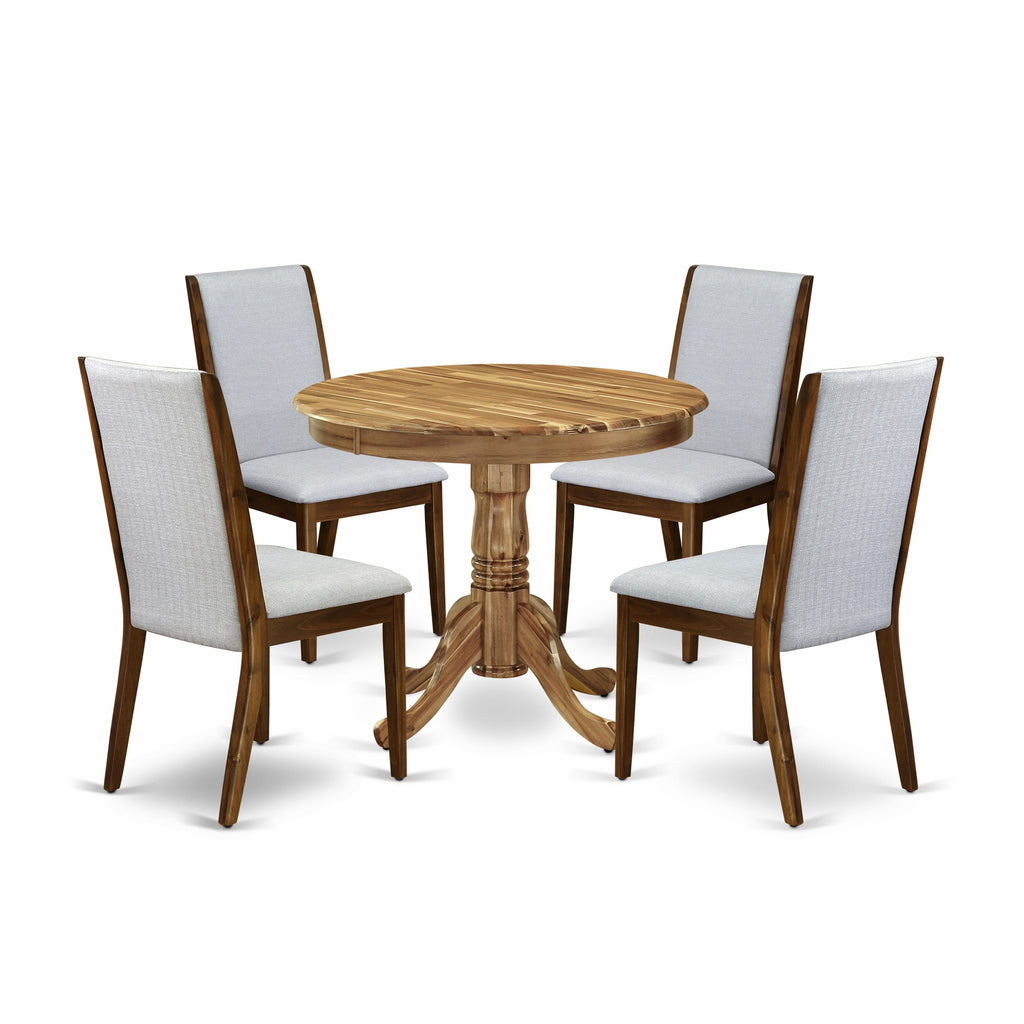 ANLA5-B2Y-AL Dining Ensemble with Round Pedestal Table & 4 Grey Fabric Chairs, 36 Natural