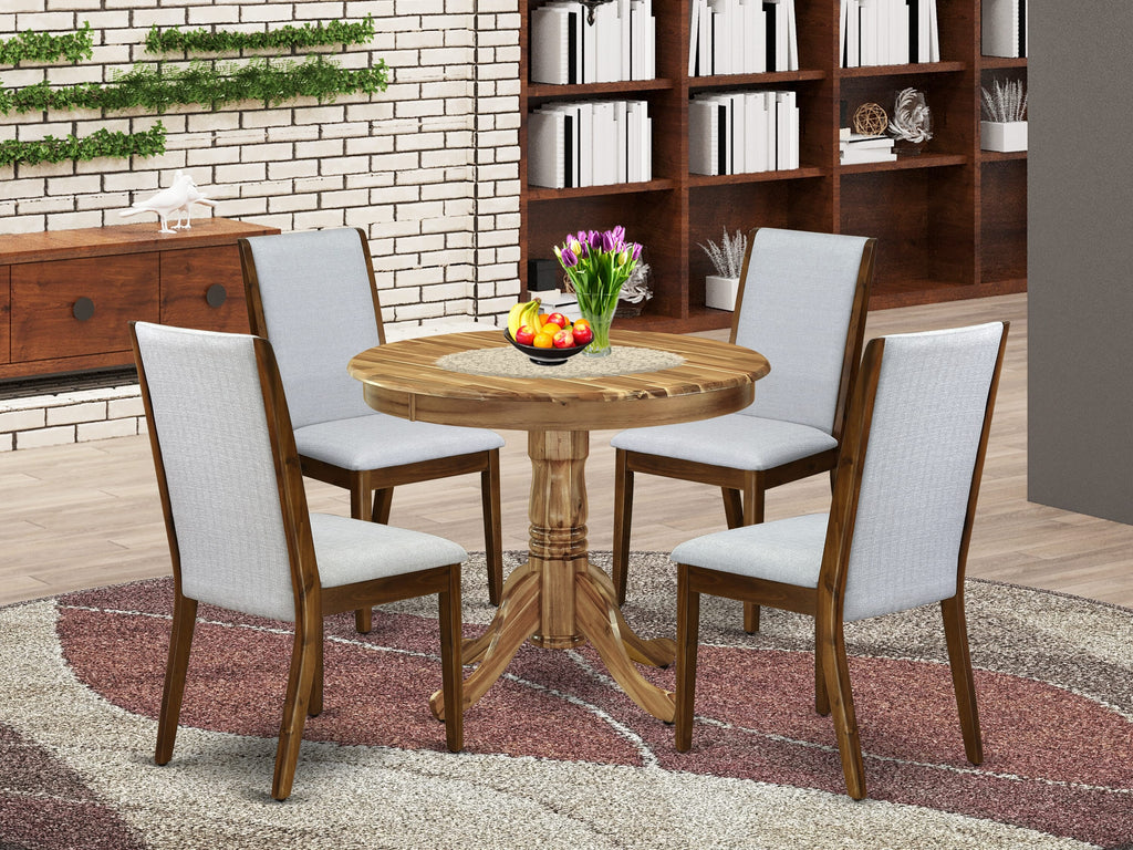 ANLA5-B2Y-AL Dining Ensemble with Round Pedestal Table & 4 Grey Fabric Chairs, 36 Natural