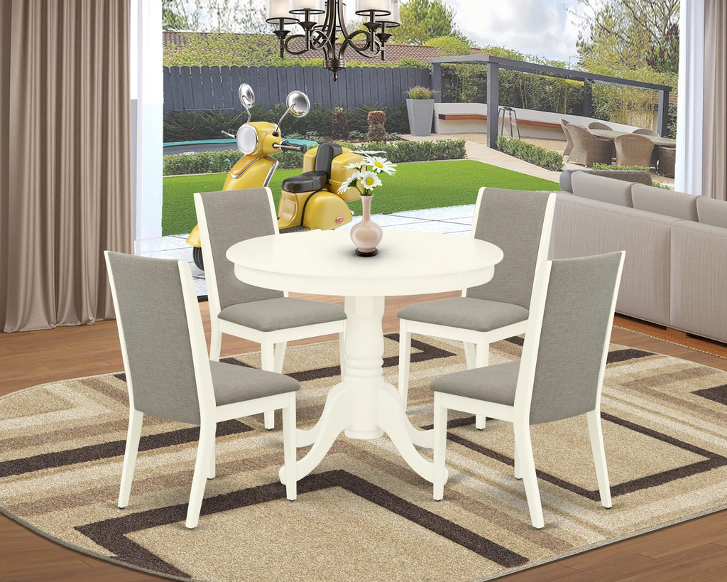 ANLA5-IUQ-38 Elegant 5-Piece Dining Ensemble with Round Pedestal Table and 4 Linen Seats, 36x36 In, Creamy White