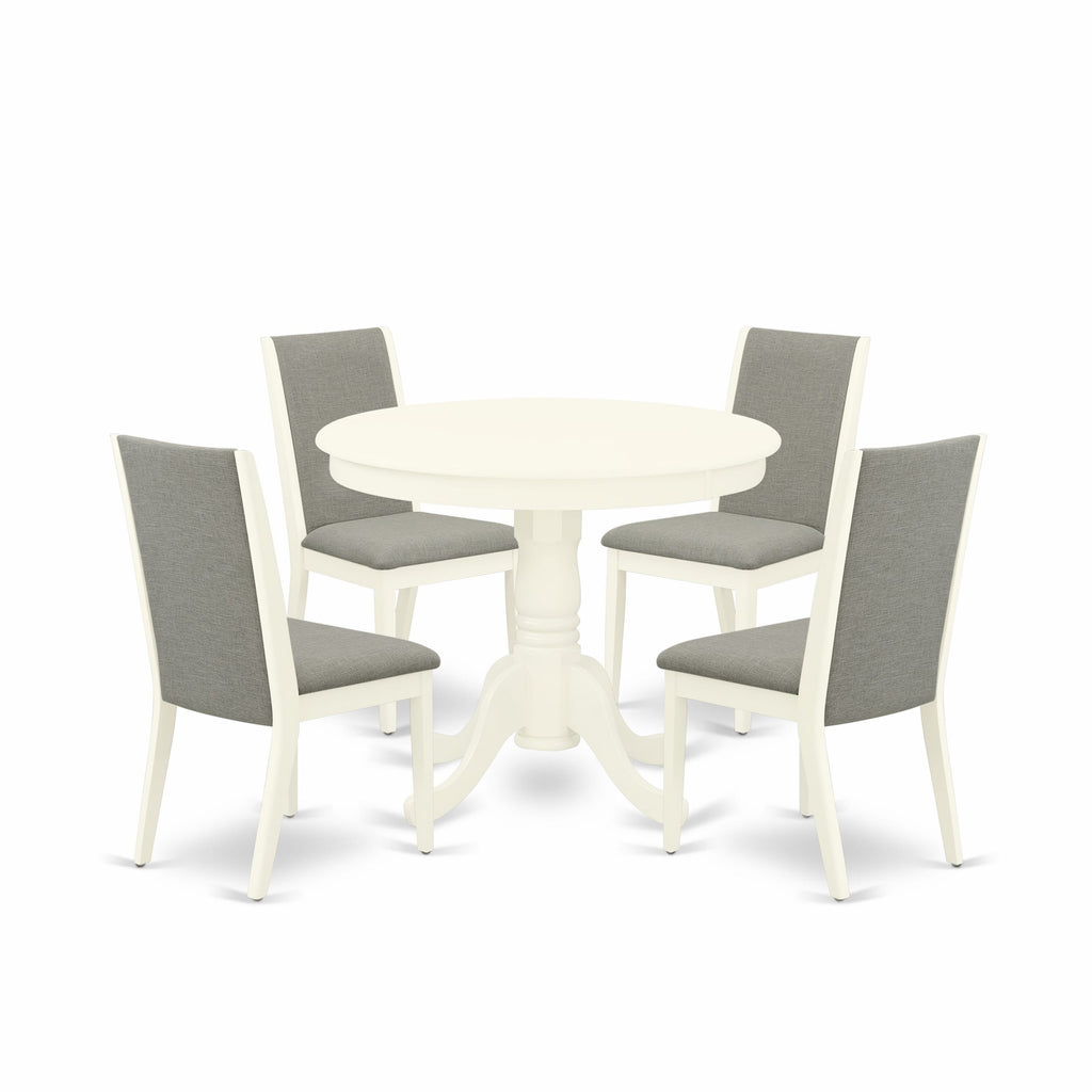 ANLA5-IUQ-38 Elegant 5-Piece Dining Ensemble with Round Pedestal Table and 4 Linen Seats, 36x36 In, Creamy White