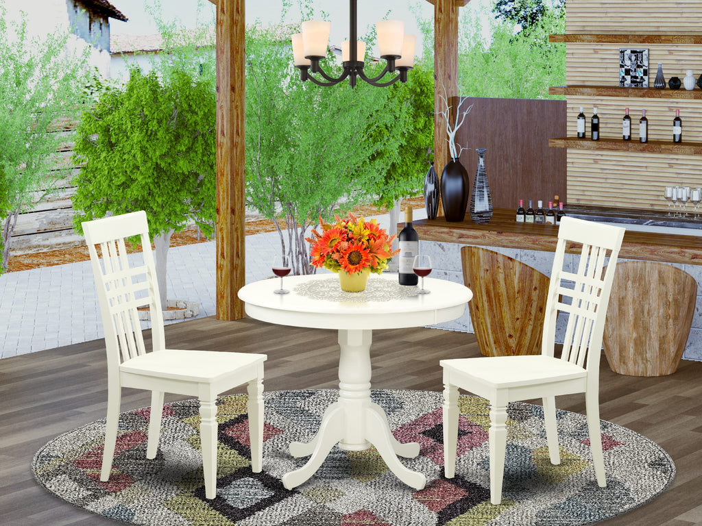 ANLG3-BW2-1 Cozy 3-Piece Dining Set with Round Table & Two Chairs, Ideal for Compact Spaces, Linen White Finish