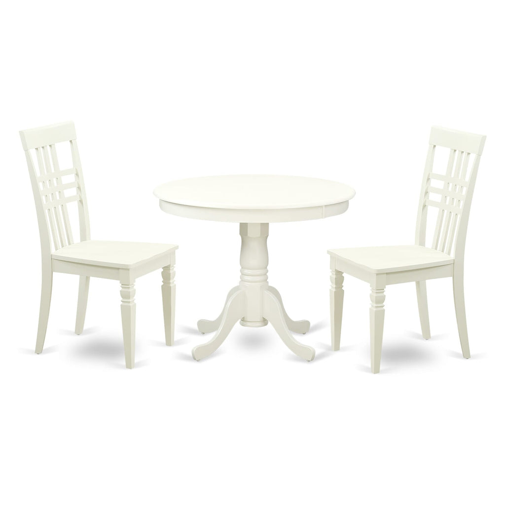 ANLG3-BW2-1 Cozy 3-Piece Dining Set with Round Table & Two Chairs, Ideal for Compact Spaces, Linen White Finish