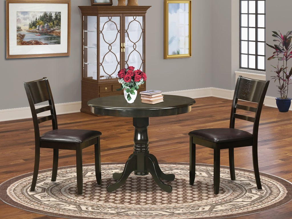 ANLY3-C5Y-SZ Compact Three-Piece Dining Set Circular Table and Two Leather-like Chairs in Rich Cappuccino Finish