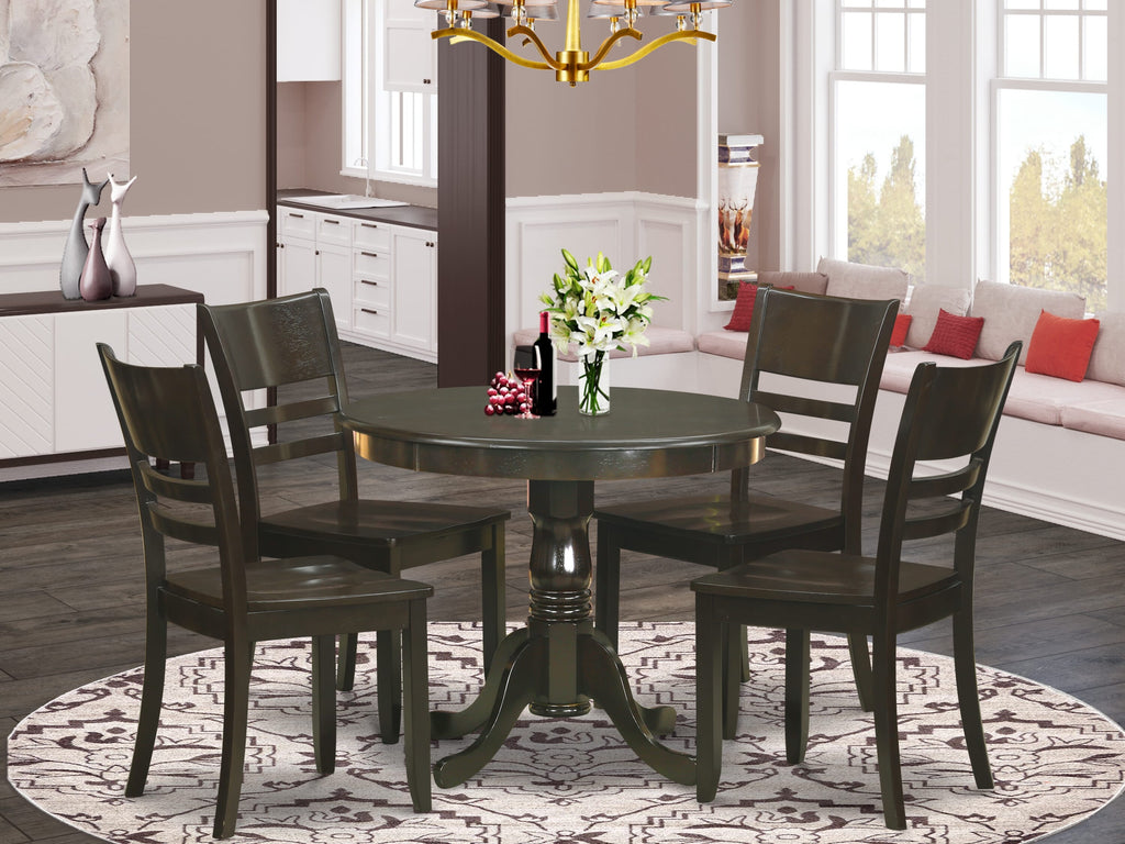 ANLY5-MM3-H Dining Set 5 Pc Round Table Pedestal and 4 Wood Seat Chairs, 36x36 Cappuccino