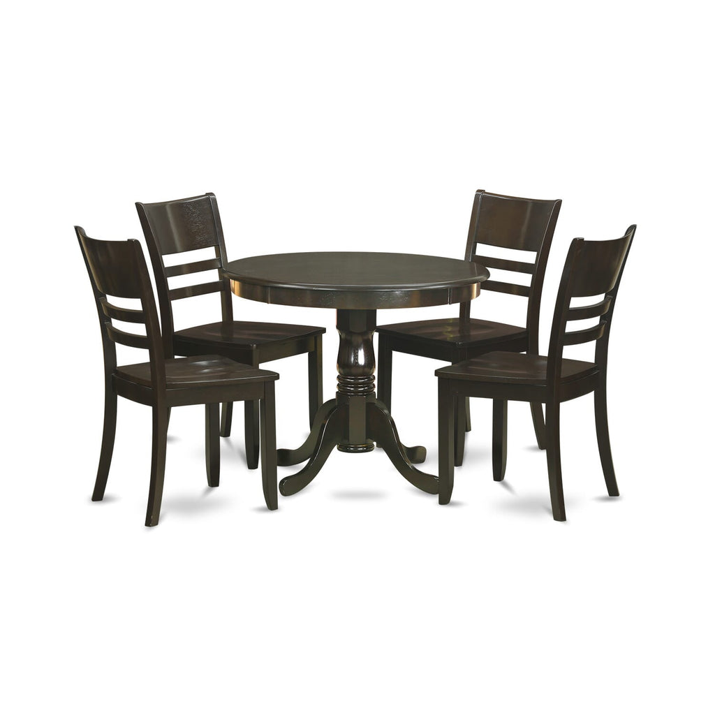ANLY5-MM3-H Dining Set 5 Pc Round Table Pedestal and 4 Wood Seat Chairs, 36x36 Cappuccino