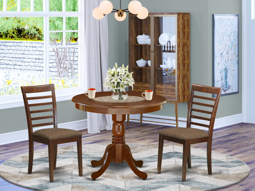 ANML3-8O1-Q Compact 3-Piece Mahogany Dining Ensemble with Pedestal Table and Linen Chairs