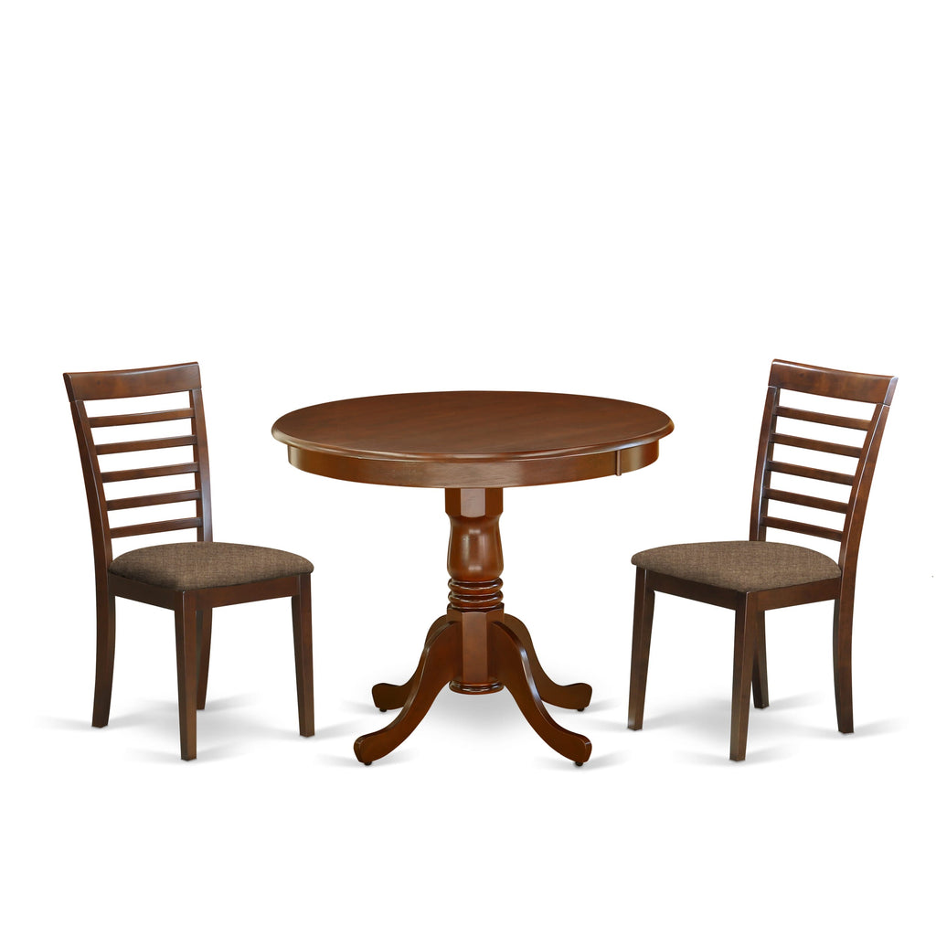 ANML3-8O1-Q Compact 3-Piece Mahogany Dining Ensemble with Pedestal Table and Linen Chairs