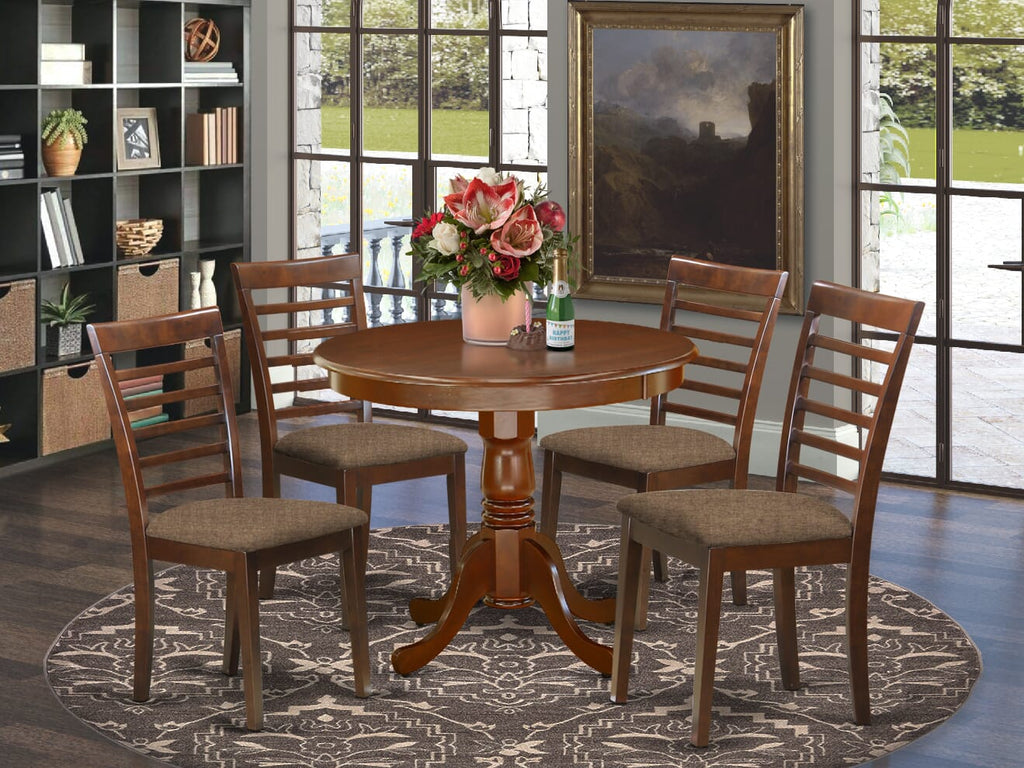 ANML5-C41-H Modern 5-Piece Dining Ensemble with Round Pedestal Table & Linen Chairs, 36x36 Inch, Mahogany Style