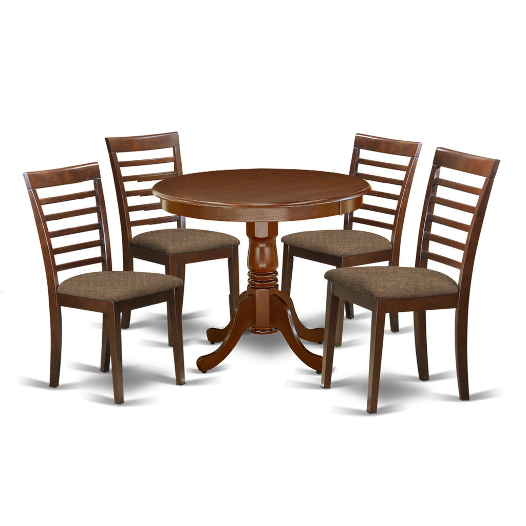 ANML5-C41-H Modern 5-Piece Dining Ensemble with Round Pedestal Table & Linen Chairs, 36x36 Inch, Mahogany Style