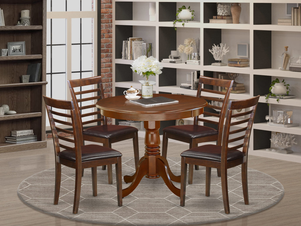 Sophisticated ANML5-ACQ-0A 5-Piece Dining Ensemble Featuring Round Pedestal Table and Elegant Faux Leather Chairs in Mahogany Finish