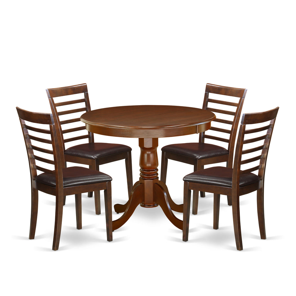 Sophisticated ANML5-ACQ-0A 5-Piece Dining Ensemble Featuring Round Pedestal Table and Elegant Faux Leather Chairs in Mahogany Finish