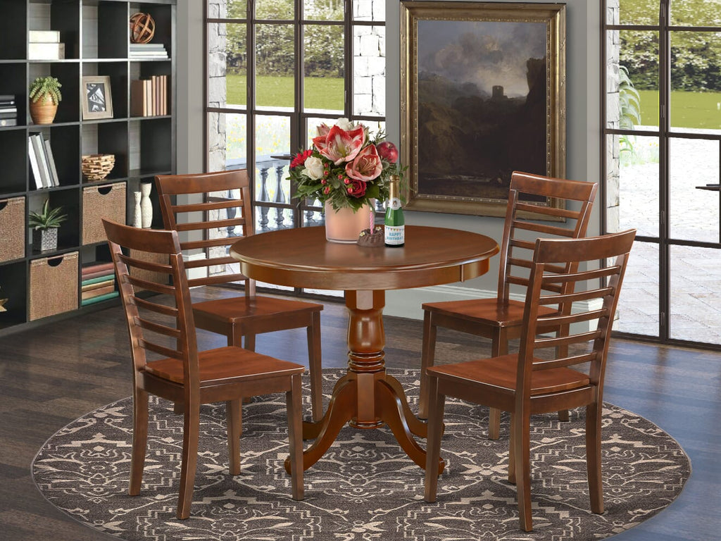ANML5-OT5-X Ensemble 36 Round Table with Pedestal and 4 Chairs - 5-Piece Dining Set in Rich Mahogany