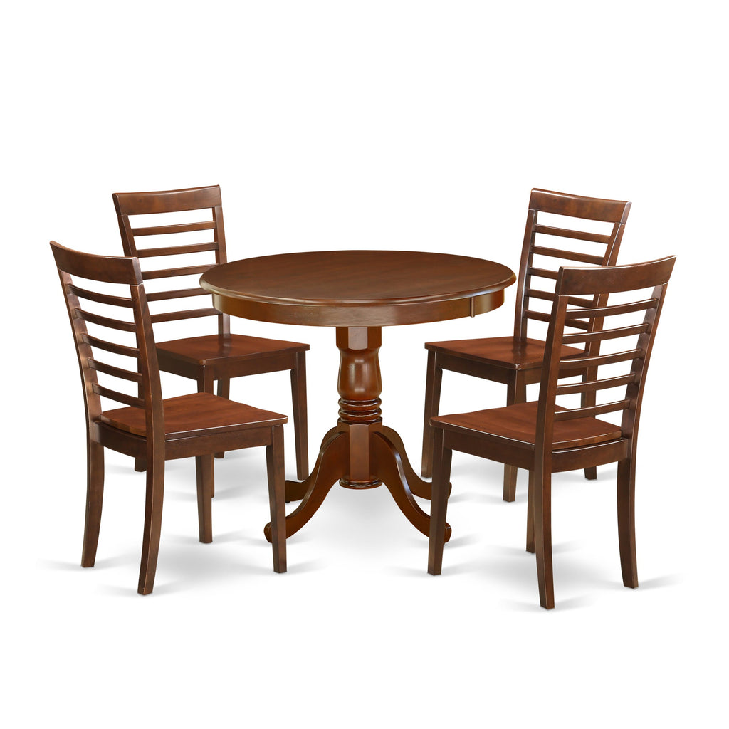 ANML5-OT5-X Ensemble 36 Round Table with Pedestal and 4 Chairs - 5-Piece Dining Set in Rich Mahogany