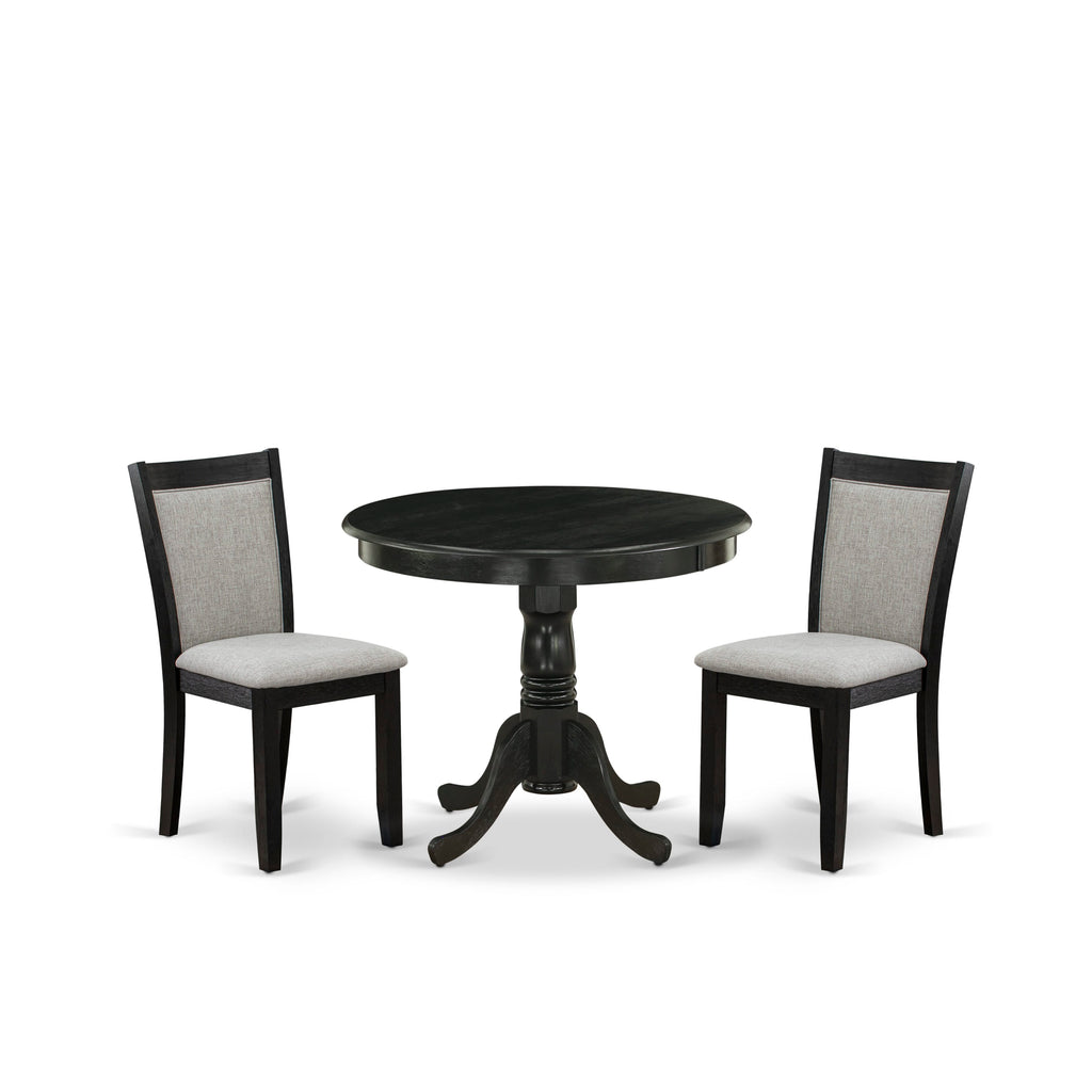 ANMZ3-3KF-1J | 3-Piece Dining Set with Round Table & Upholstered Chairs in Wirebrushed Black Finish