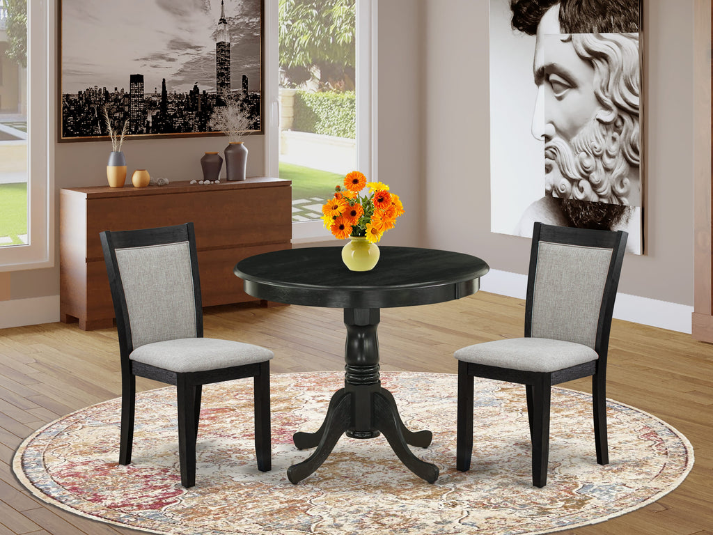 ANMZ3-3KF-1J | 3-Piece Dining Set with Round Table & Upholstered Chairs in Wirebrushed Black Finish