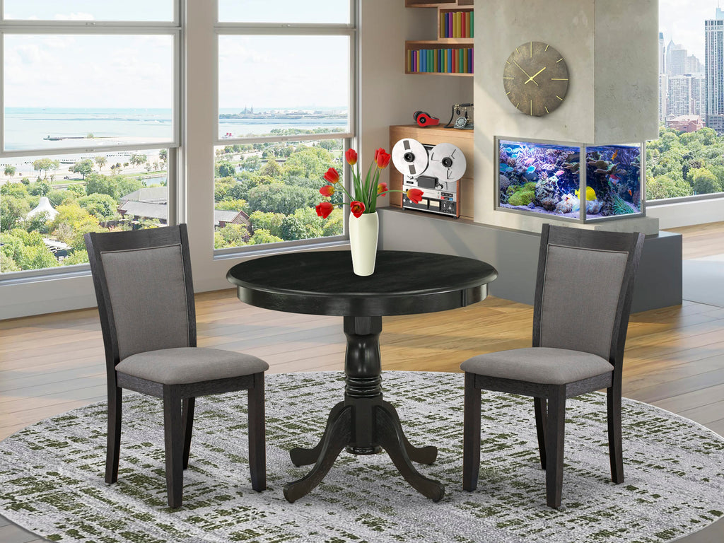 Dining Set ANMZ3-CHT-8U Round Table and Dark Gotham Grey Chairs, Fabric Upholstered