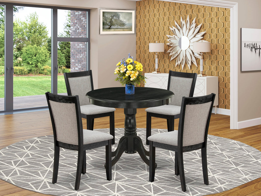 ANMZ5-Z0B-T9 - 5 Piece Dining Ensemble with Round Table & 4 Shitake Linen Chairs, Wirebrushed Black Finish