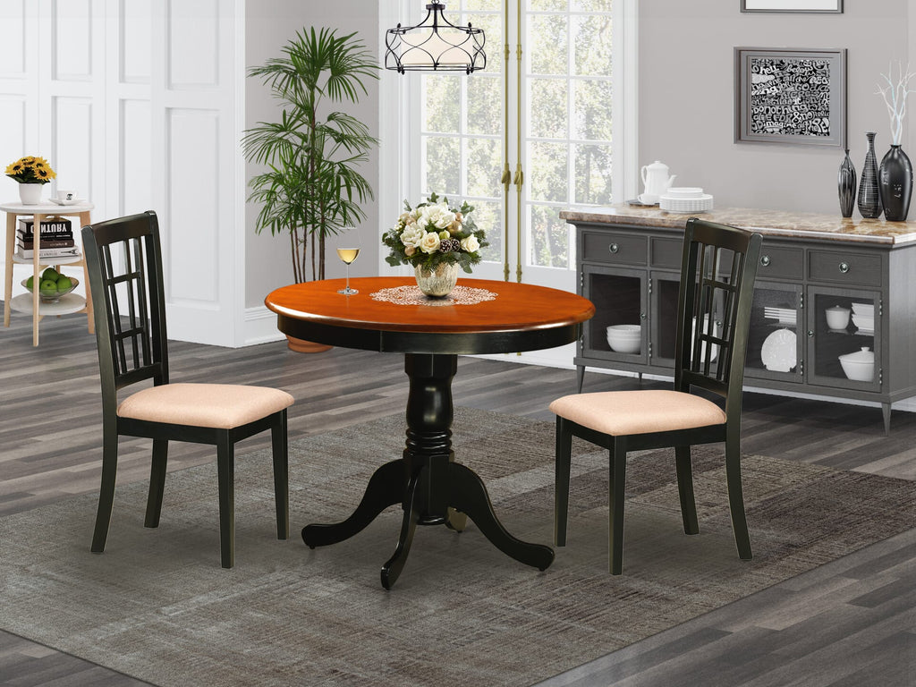 ANNI3-PKA-V Compact 3-Piece Round Dining Set with Pedestal Table & Upholstered Chairs, Black & Cherry
