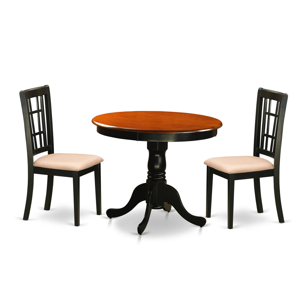 ANNI3-PKA-V Compact 3-Piece Round Dining Set with Pedestal Table & Upholstered Chairs, Black & Cherry
