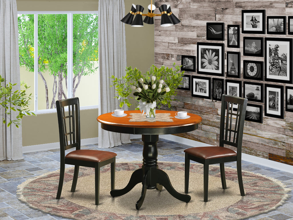 ANNI3-QF9-D7 Dinette Set for Cozy Spaces Round Table with Pedestal & Two Faux Leather Chairs