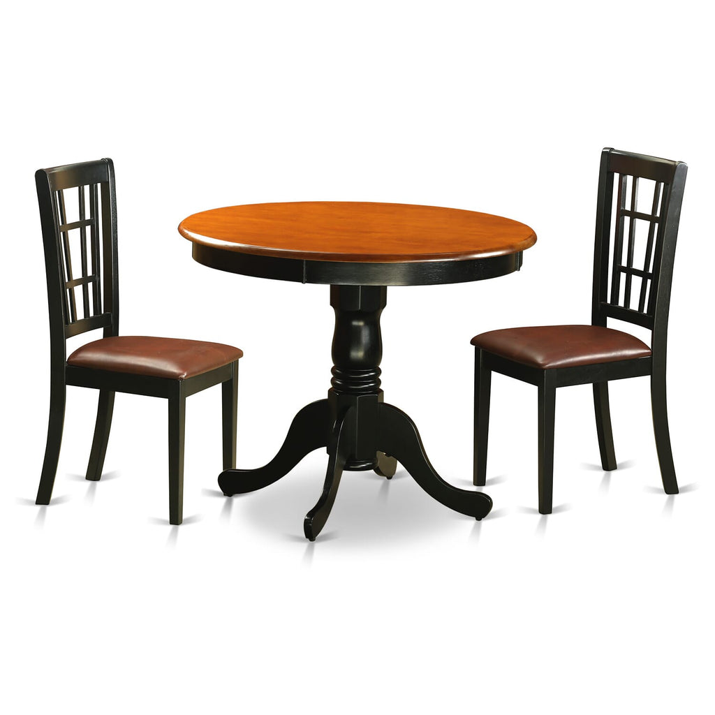 ANNI3-QF9-D7 Dinette Set for Cozy Spaces Round Table with Pedestal & Two Faux Leather Chairs