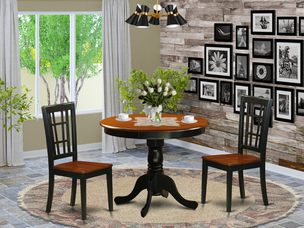 ANNI3-K05-8 3-Piece Dining Ensemble with Round Table & Two Chairs, Black and Cherry Hues, 36x36