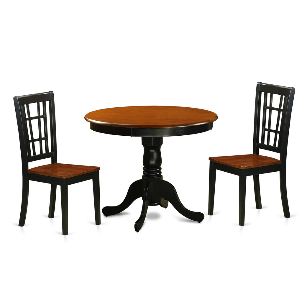 ANNI3-K05-8 3-Piece Dining Ensemble with Round Table & Two Chairs, Black and Cherry Hues, 36x36