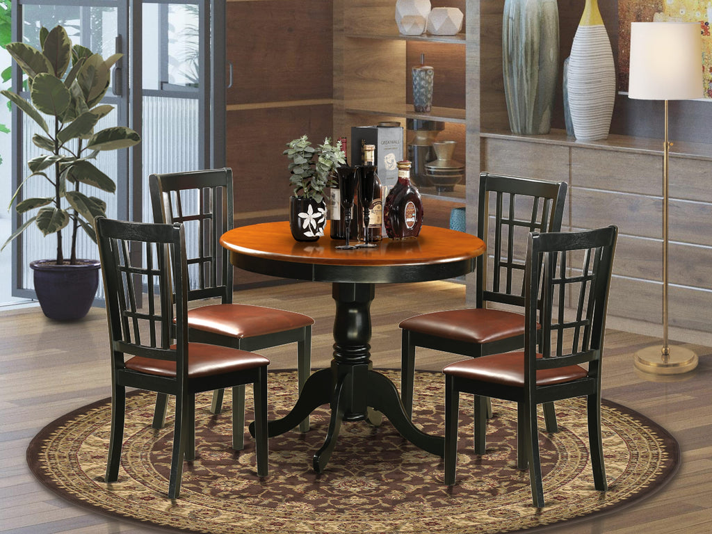 ANNI5-MVW-T9 5-Piece Dining Ensemble with Stylish Round Table and 4 Elegant Faux Leather Chairs, Black & Cherry