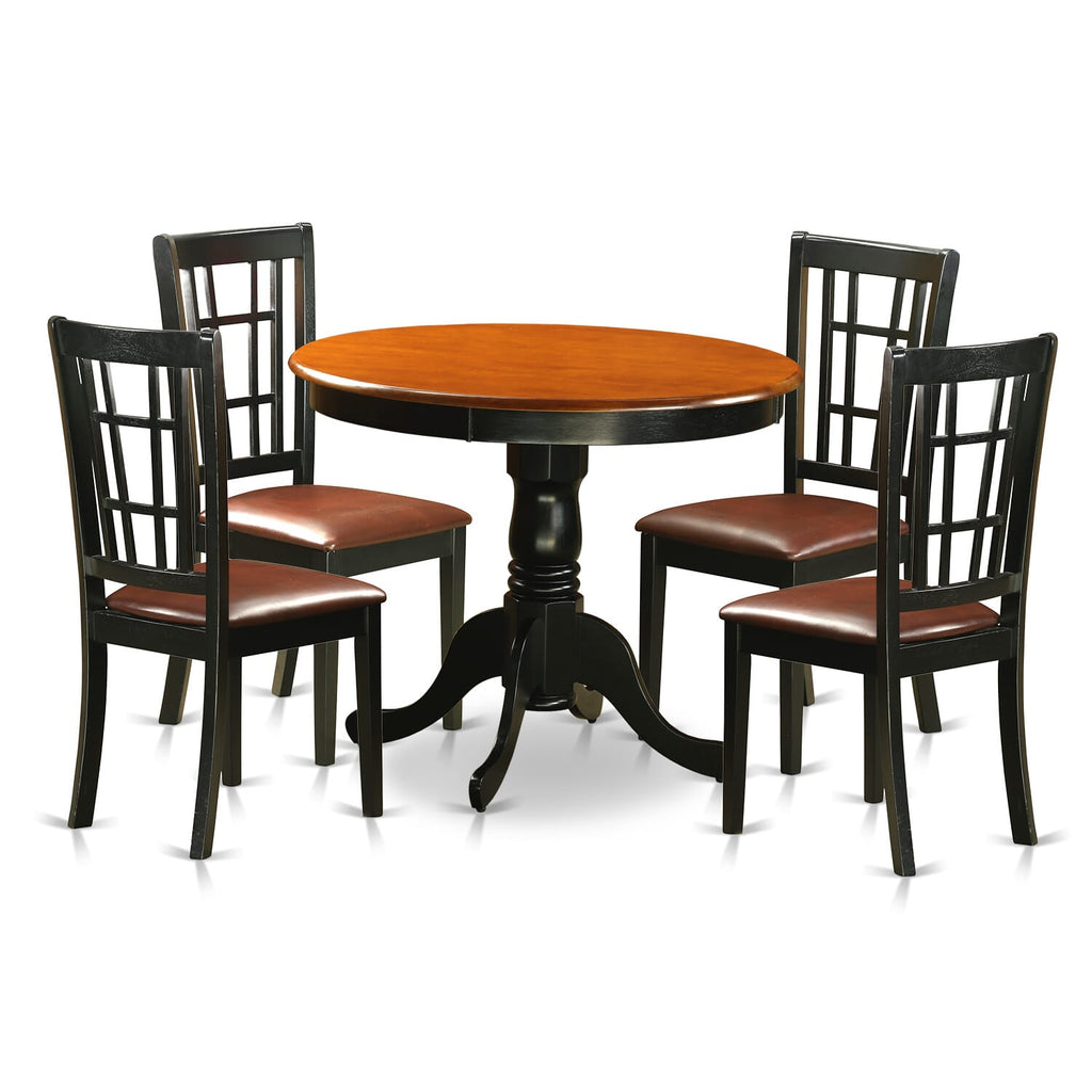 ANNI5-MVW-T9 5-Piece Dining Ensemble with Stylish Round Table and 4 Elegant Faux Leather Chairs, Black & Cherry