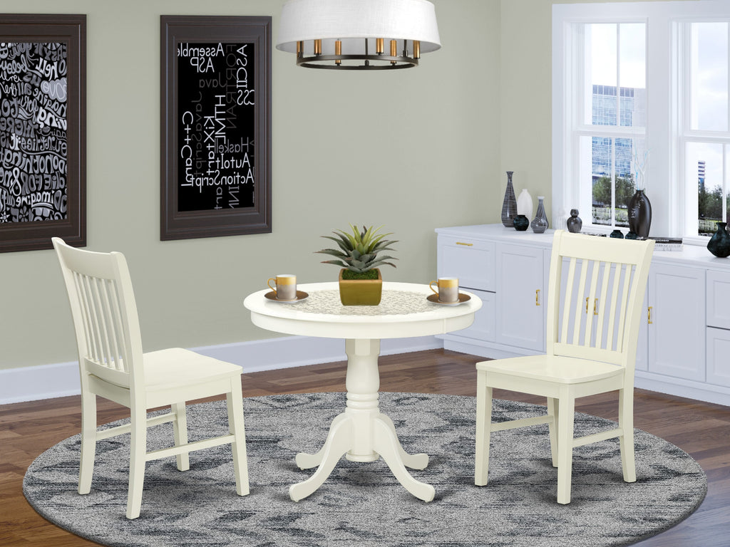 ANNO3-PVN-D Elegant 3 Piece Dining Ensemble with Round Table and 2 Chairs in Linen White Finish