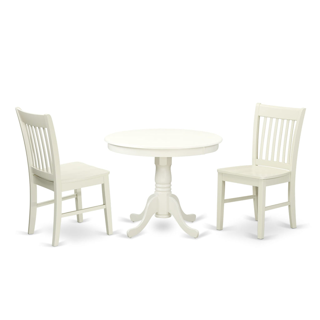 ANNO3-PVN-D Elegant 3 Piece Dining Ensemble with Round Table and 2 Chairs in Linen White Finish