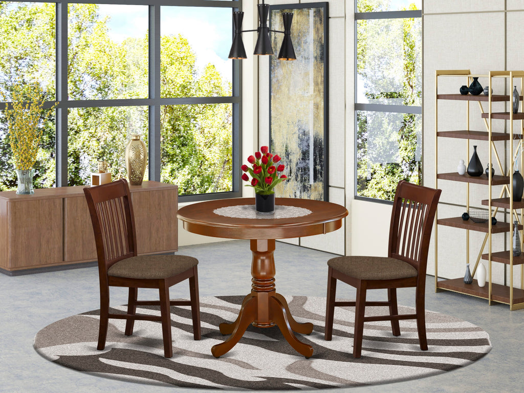 ANNO3-H1Z-A Dining Set Trio with Pedestal Table & 2 Stylish Linen Upholstered Chairs, Mahogany Finish