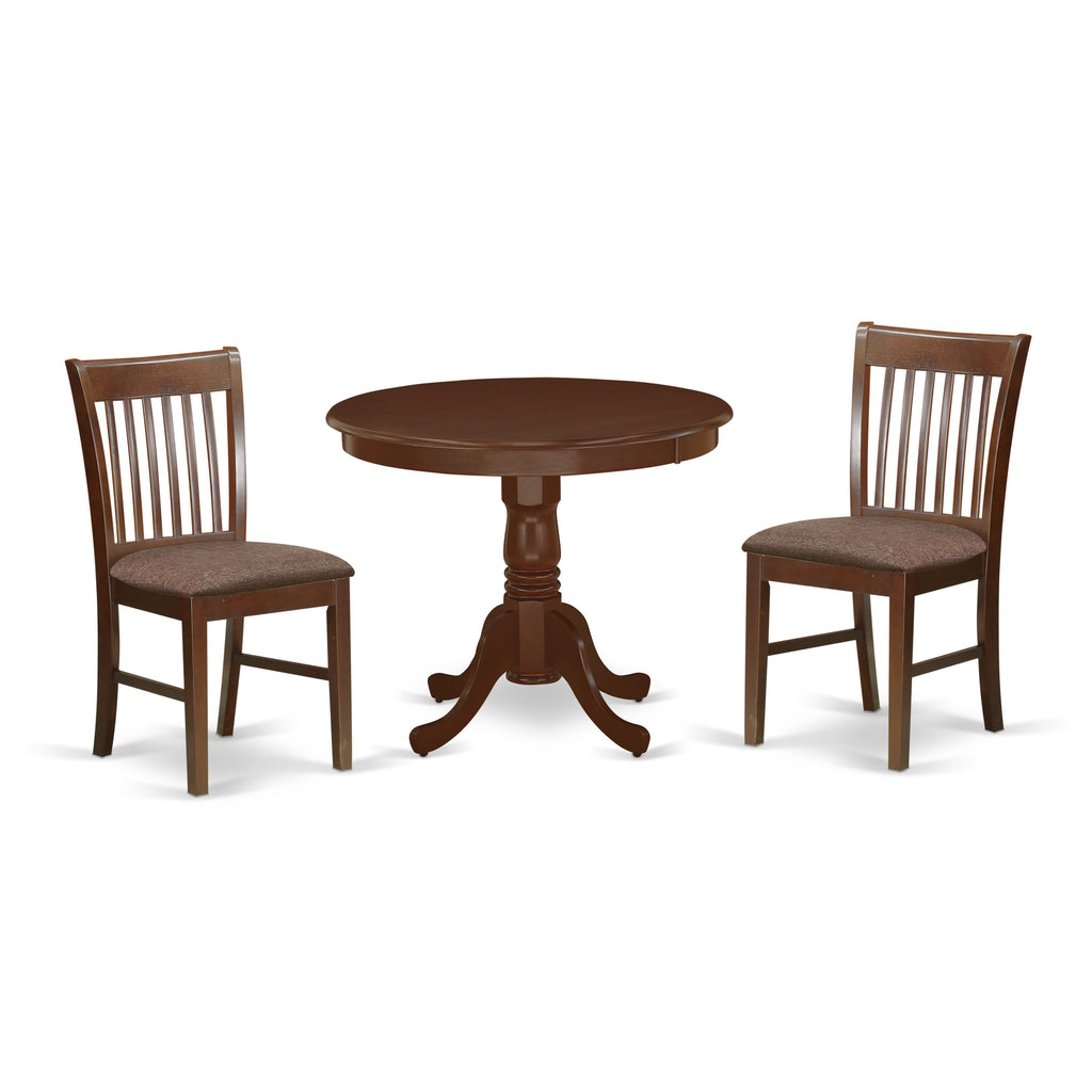 ANNO3-H1Z-A Dining Set Trio with Pedestal Table & 2 Stylish Linen Upholstered Chairs, Mahogany Finish